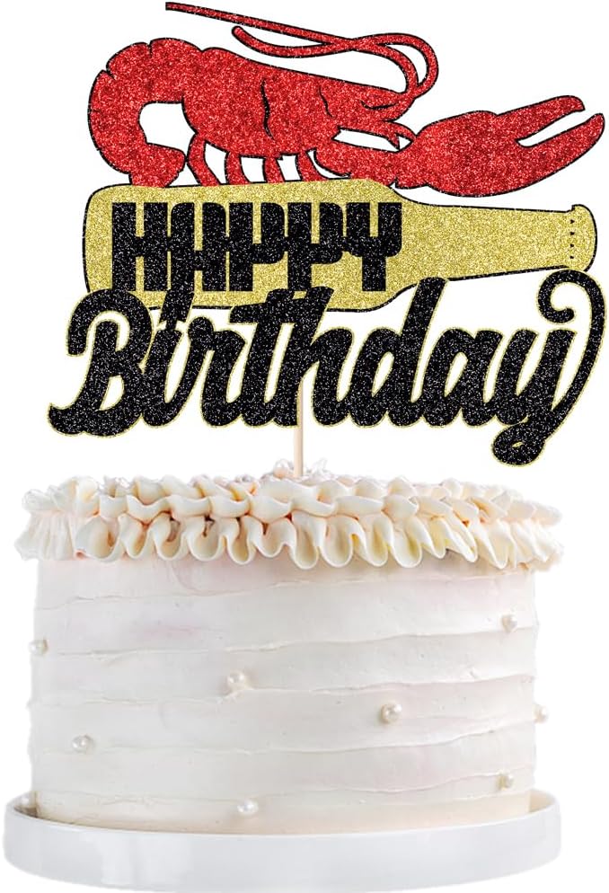 Lobster Cake Topper, Glitter Lobster Happy Birthday Party Decoration，Lobster Themed Baby Shower Birthday Party Cake Decoration Supplies, Black