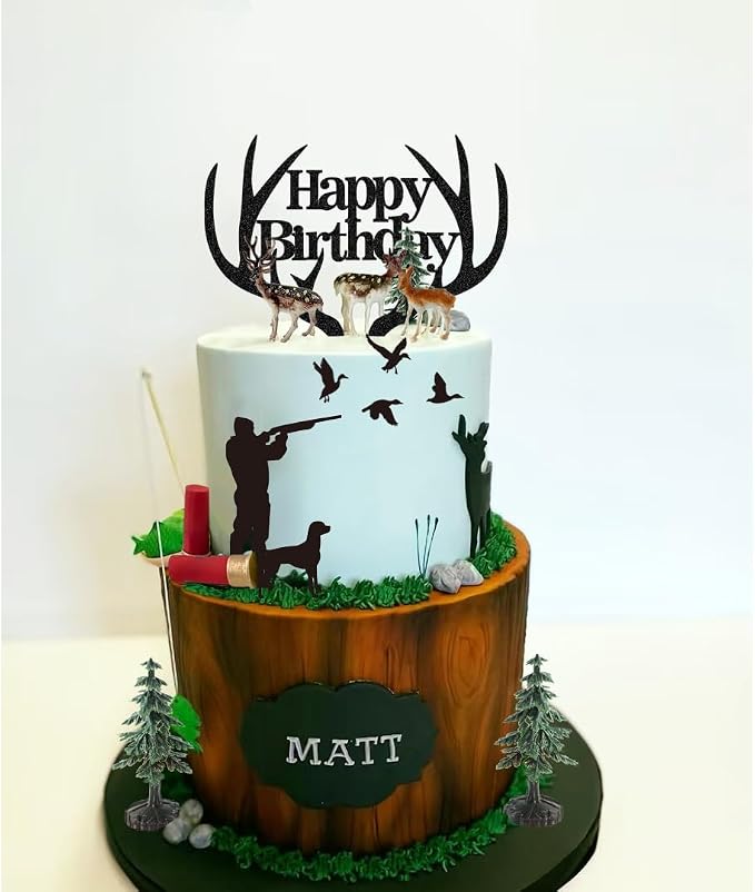 Hunting Cake Topper Antler Happy Birthday Sign for Hunter Deer Hunting Theme Birthday
