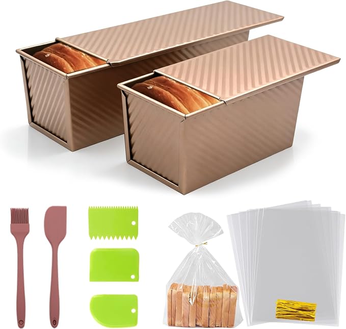 2 Pack Pullman Loaf Pan with Lid - 2.2LB & 1LB Dough Capacity, Non-Stick Bread Pan for Baking Toast, Carbon Steel Sandwich Bread Pans for Homemade Baking, Square Toast Mold, Housewarming Gift Kitchen