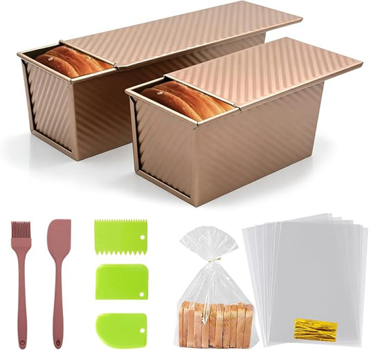 2 Pack Pullman Loaf Pan with Lid - 2.2LB & 1LB Dough Capacity, Non-Stick Bread Pan for Baking Toast, Carbon Steel Sandwich Bread Pans for Homemade Baking, Square Toast Mold, Housewarming Gift Kitchen