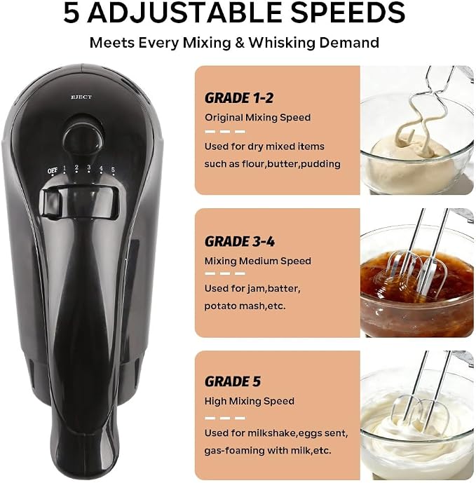 Electric Hand Mixer with Whisk&Dough Hook -5 Adjustable Speed Kitchen Mixer, One-Touch Eject Hand Blender Portable Handheld Mixer for Baking, Blending or Cooking