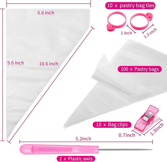 Patelai 122 Pcs Piping Bag Set with Disposable Tipless Piping Pastry Bags Ties Clips Awls Tool for Cakes Icing Scribe Cookie Decorating Supplies Christmas Halloween Decor(10 Inch,Pink)