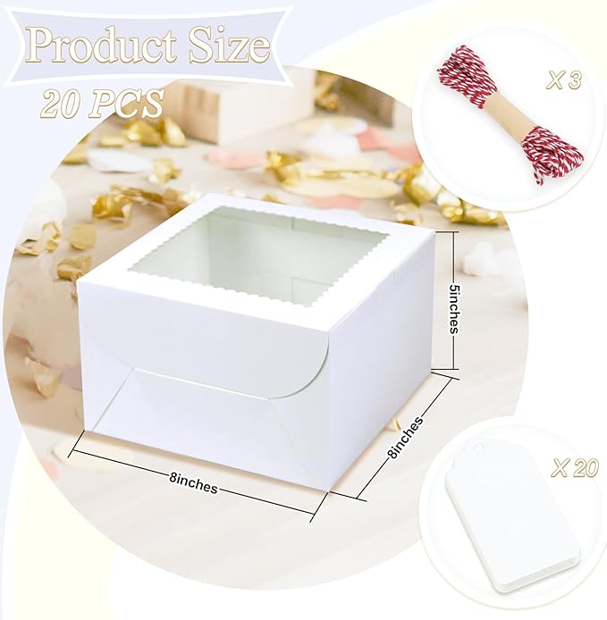 20Pcs 8 Inch Cake Boxes with Window, 8x8x5 Inches White Bakery Boxes, Cake Carrier Container for Pastries, Pie, Cookies, Chocolates, Cupcakes, Birthday Party, Wedding