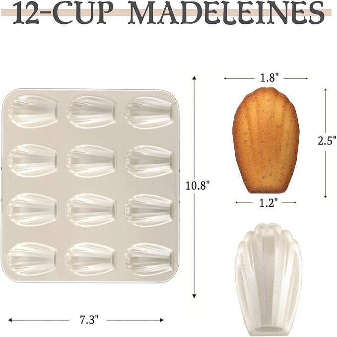 Madeleine Pan Set, 12-Cavity Nonstick Carbon Steel Baking Pans, 2 Pack | French Shell Design with Easy Release Surface for Classic Madeleines