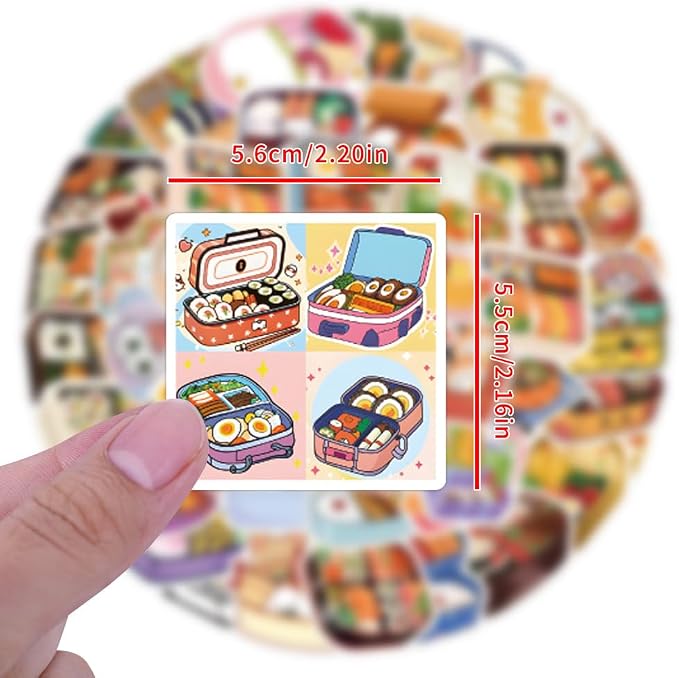 55 Pcs Cute Bento Box Stickers, Japanese Food Stickers, 2.16 Inch Waterproof Vinyl Stickers for Journals, Water Bottles, Laptops, Scrapbooking (Bento Box)