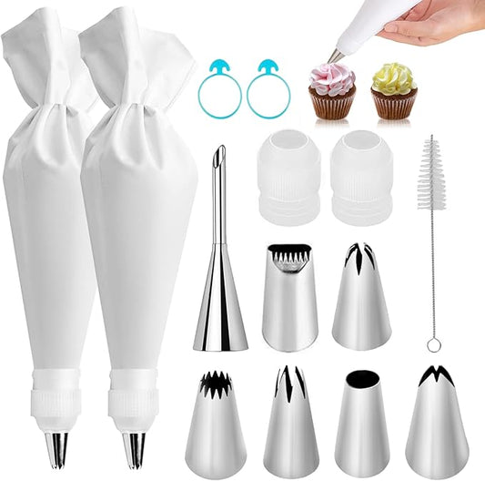 14-Piece Reusable Piping Bags and Tips Set- Cotton Baking Kit with Coupler, Stainless Steel Nozzles,Silicone Cable Ties& Cleaner for Cakes/Cupcakes/Cookies Decorating