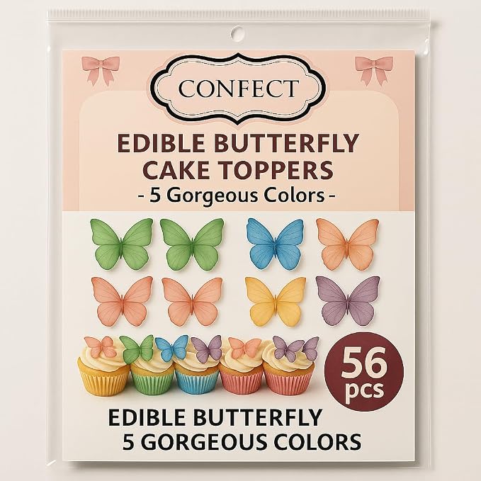 Confect Edible Wafer Paper Butterflies Set of 56 – Colorful Multi Color Butterfly Cake Decorations, Cupcake Toppers for Birthday, Wedding, Party – Edible Butterfly Toppers
