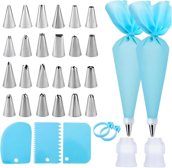 Piping Bags and Tips Set, Cake Decorating Kit | 24 Stainless Steel Piping Tips, 2 Reusable Silicone Pastry Bags - Baking Supplies for Cupcakes, Cookies, and Cake Decorating