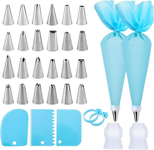 Piping Bags and Tips Set, Cake Decorating Kit | 24 Stainless Steel Piping Tips, 2 Reusable Silicone Pastry Bags - Baking Supplies for Cupcakes, Cookies, and Cake Decorating