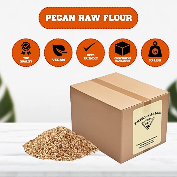 Pecan, "Tasty and Delicious" Fancy Raw Meal/Flour, Convenient, Healthy, Great Flavor, Keto friendly, Dietetic, Finely Ground, Vegan, USA, Packed in a convenient box/bag of 10 lbs. (160 oz.) by Presto Sales LLC