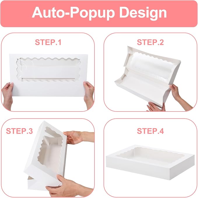 24pcs Cookie Boxes with Window, 16x11x2.5 in Large Auto-Popup Bakery Boxes with Ribbon and Sticks for Treats, Desserts, Chocolate Covered Strawberries, Pies, Muffins, Donuts