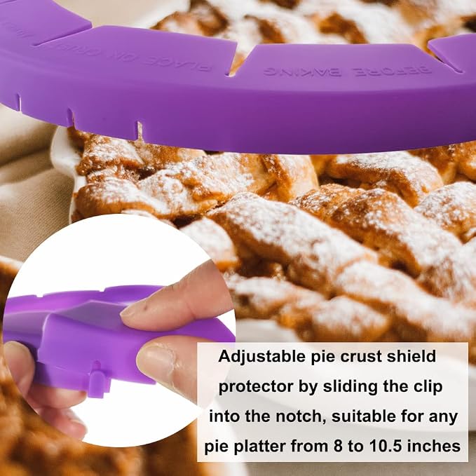 Adjustable Pie Crust Shield Protector Pie Edge Protector Tools Round Silicone Baking Cake Pizza Cover BPA-Free for Halloween Christmas Baking, Fits 8-11.5 Inches Pie (Purple-2pcs)