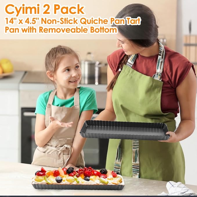 14 Inch Rectangular Tart Pan Set of 2, Nonstick Quiche Pie Pan with Removable Bottom Tart Pan for Pies, Quiche Bakeware, Cheese Cakes, Desserts