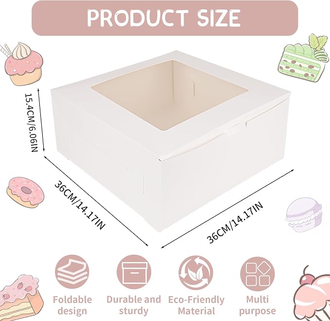 WAYASDCU 12 Piece Cardboard White Cake Boxex | 14 x 14 x 6 Inch | Large Bakery Boxes | Disposable Cake Containers | with Window | White Boxes