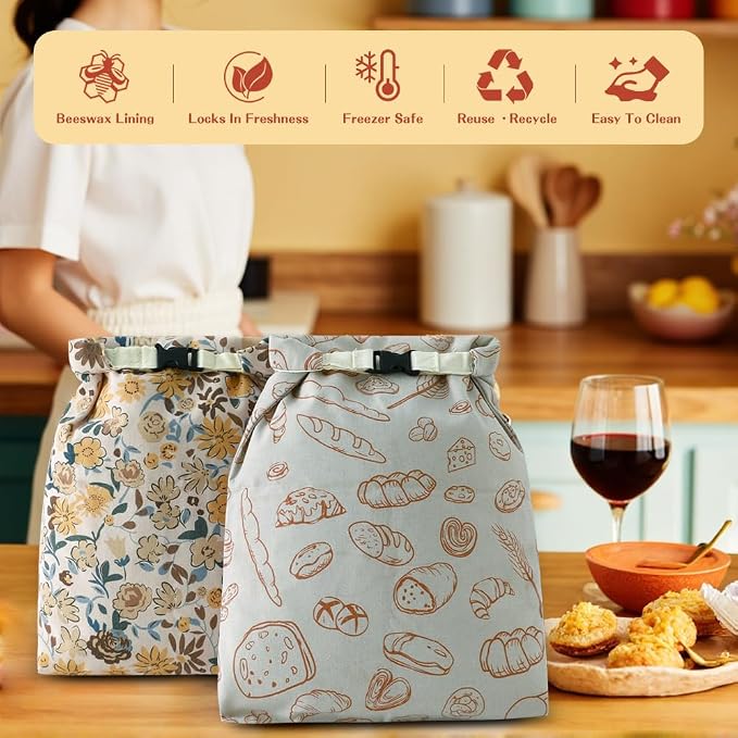 Beeswax Bread Bags for Homemade bread,2 Pack Sourdough Bread Bags,Reusable Bread Bourdough Storage