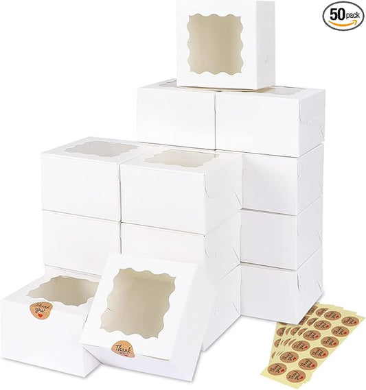 Moretoes 50pcs White Cookie Boxes with Window, 4x4x2.5 Inches Bakery Boxes with 5pcs Stickers for Small Cookies, Treats, Desserts, Chocolate Covered Strawberries, Mini Cake