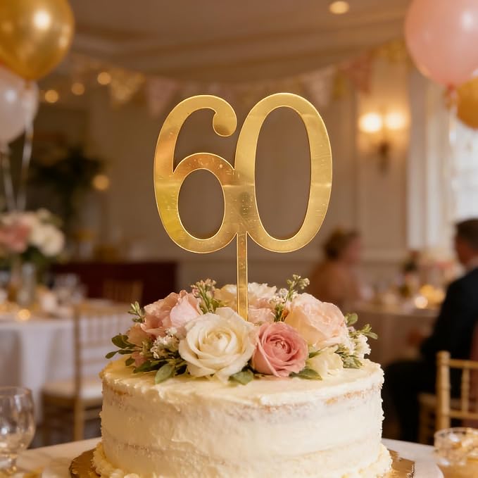Gold Acrylic Sixty Cake Topper, Number 60 Cake Decoration, Happy 60th Birthday Cake Decor 60 Years Old Cake Pick Decoration For 60th Anniversary Celebrating Party Supplies