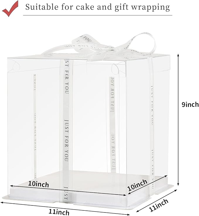 JCD 10inch Large Transparent Cake Box,6 Pcs Clear Cake Boxes with Ribbon,10x10x9inch,Suitable for 8" or 9" cakes, Tall Cake Carrier for Display and Gift Packaging(Clear Lid, 10 * 10 * 9inch/6Pcs)