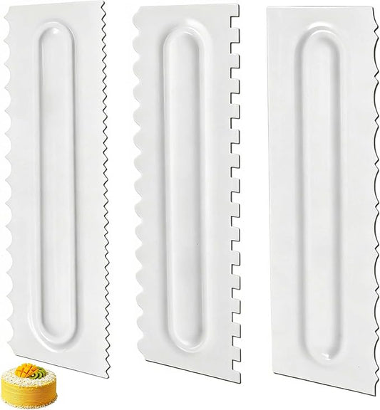 SenseYo 3 Pcs Cake Scraper Smoother 9 Inch Plastic Cream Decorating Comb Sided Patterned Edge Stripe DIY Tools for Icing Mousse Butter Frosting Baking Projects White