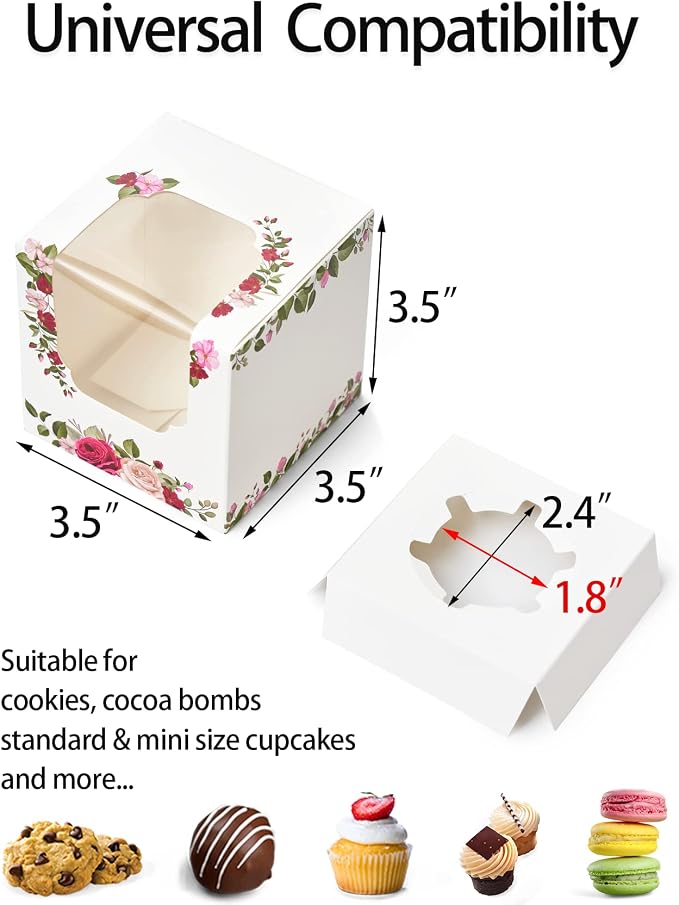 Happyhiram Cupcake Boxes 12 Pcs Roses Floral, Individual Mini Gift Box for Mother's Day Botanical Leaves Cupcake Containers Single for Mothers Day Gift Ornament Packaging Women's Birthdays
