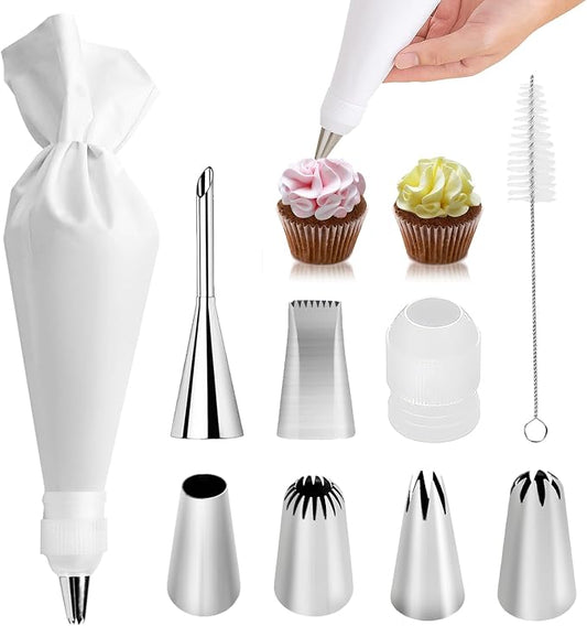 9-Piece Reusable Piping Bags and Tips Set- Cotton Baking Kit with Coupler, Stainless Steel Nozzles & Cleaner for Cakes/Cupcakes/Cookies Decorating
