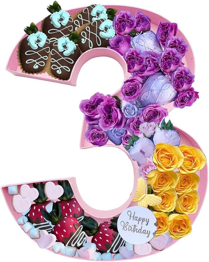 12 inch Paper Mache Number fillable Cardboard Sweet Charcuteire Birthday Treat Serving Tray (Pink, Number 3)