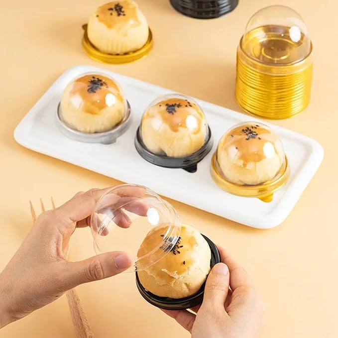 50Pcs Clear Plastic Mini Cake Box with Dome Lids, Mini Muffin Container Box Mooncake Dome Box Pastry Baking Packaging Boxes Wedding Birthday Gifts Supplies (Gold Base)