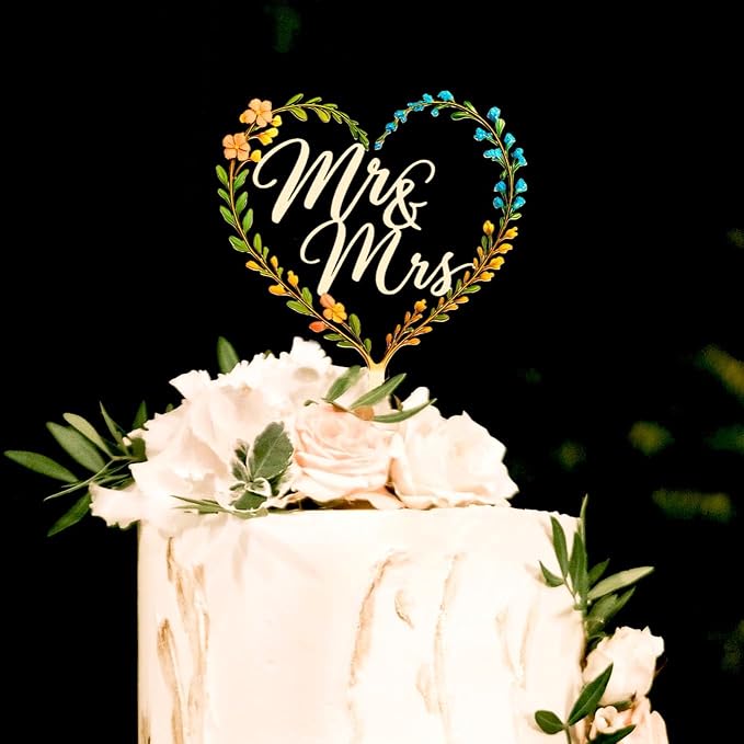 Rustic Wooden Mr and Mrs Cake Topper – Boisdubois Elegant Floral Heart Wedding Decoration for Bride & Groom, Weddings, Engagements, Anniversaries & Bridal Showers