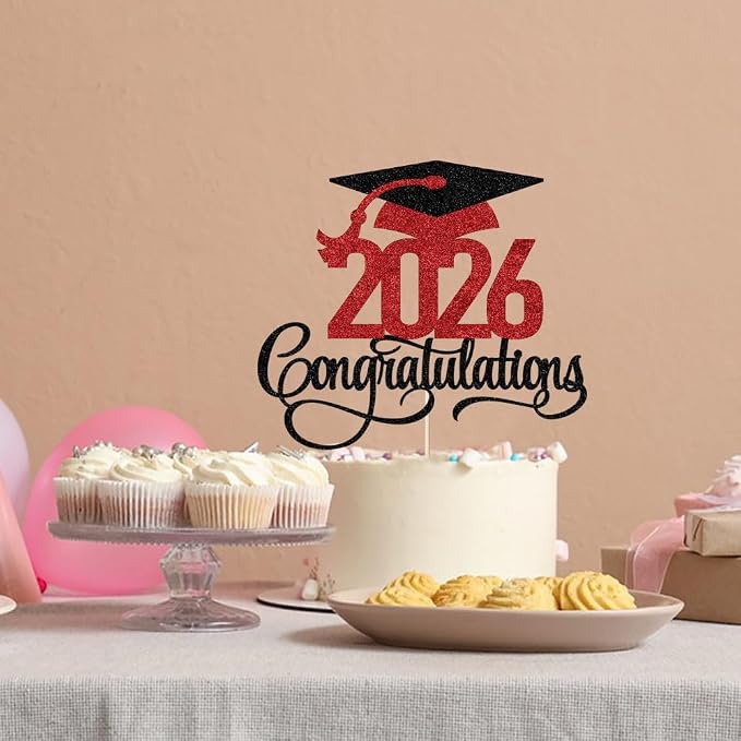 Black red Glitter 2026 Congratulations Graduation Cake Topper,Congrats Grad Cake Decor - 2026 High School/College/Senior Graduation Party Decorations Supplies