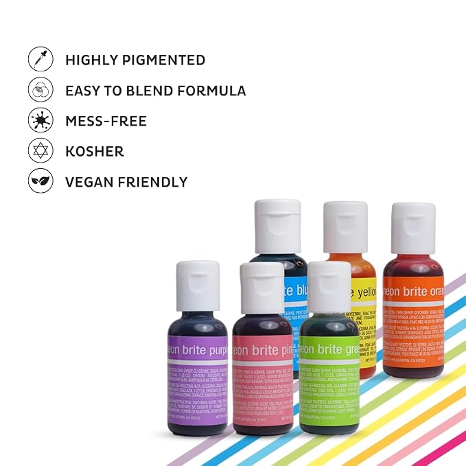 Chefmaster - Neon Liqua-Gel Food Coloring - Fade Resistant - 6 Pack of 20ml Bottles - Stunning Vivid Colors with Lightweight and Easy-To-Blend Formula