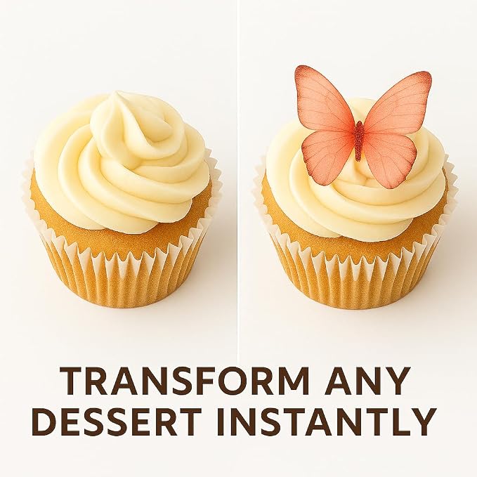 Confect Edible Wafer Paper Butterflies Set of 56 – Colorful Peach Butterfly Cake Decorations, Cupcake Toppers for Birthday, Wedding, Party – Edible Butterfly Toppers