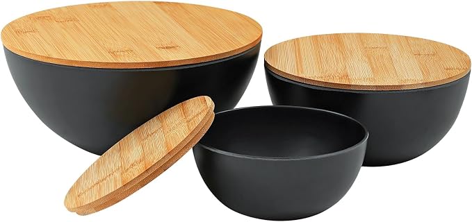 Eco-Friendly Bamboo Fiber Meal Prep Bowl Set with Lids (3 Pack), Sustainable Mixing & Serving Bowls for Kitchen, Food Storage, Picnic & Fitness (5.7" x 7.6" x 9.8") Non-heatable