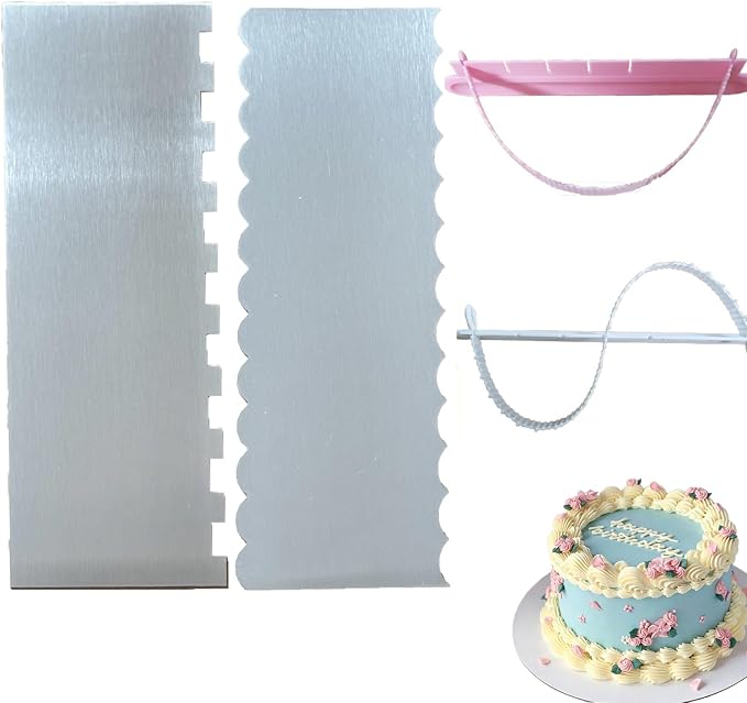 4pcs Stainless Steel Cake Scraper Smoother Cake Arch Guide Tool Double-Sided Cake Scraper with Patterned Edge Butter Cream Metal Scraper Fondant Cake Arc Ruler Cake Decorating Tools
