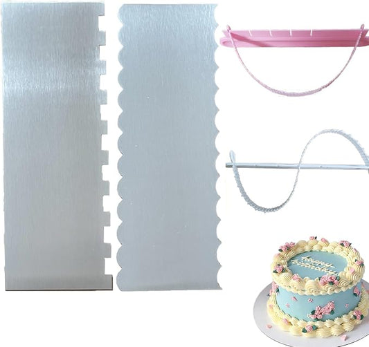 4pcs Stainless Steel Cake Scraper Smoother Cake Arch Guide Tool Double-Sided Cake Scraper with Patterned Edge Butter Cream Metal Scraper Fondant Cake Arc Ruler Cake Decorating Tools