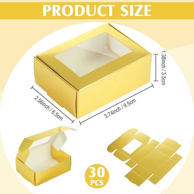 Zonon 30 Pcs Soap Boxes for Homemade Packaging, Mini Kraft Boxes with Window for Bakery Candy Soap Making Gift Packaging, 3.7x2.6x1.4 Inch (Gold)