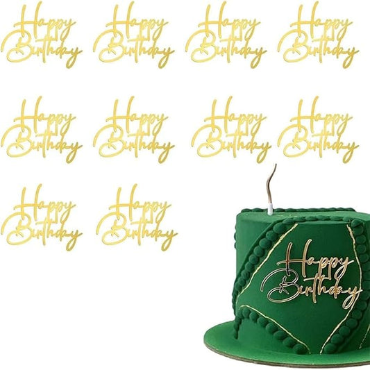 10pcs Side Happy Birthday Cake Topper Gold Acrylic Birthday Cupcake Topper for Kids Birthday Party Cake Decorations (I)