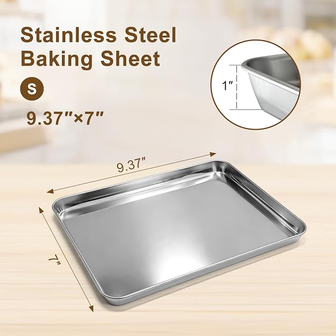 Baking Sheet, Stainless Steel Cookie Sheets Baking Pan, 9.4 Inch, Thicker and Firmer, BPA Free Non-Stick, Resistant & Nonstick & Non Toxic & Heavy Duty & Easy Clean, Dishwasher Safe