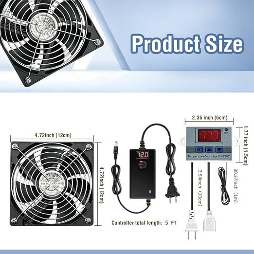 Dual Ball 120mm x 25mm AC Plug Cooling Fan with Smart LED Temperature & Speed Controller, High Airflow DC 12V Fans for AV Cabinet, Server Rack, Chassis, Workstation DIY