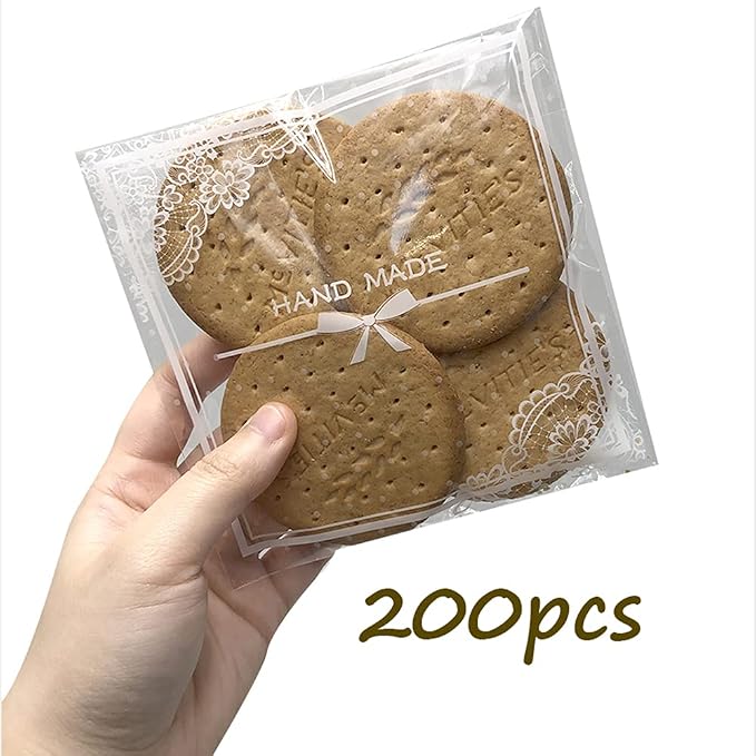 200pcs Clear Lace Bowknot Self-Adhesive Treat Bags – Elegant Cellophane Cookie & Candy Bags for Bakery, Wedding & Party Favors