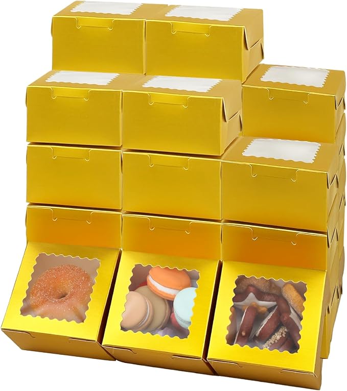 Bakepacker 60pcs Gold Bakery Boxes with Window 4x4x2.5 inches Thick & Sturdy Macaroon Pastry & Cookie Boxes