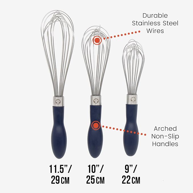 Chef Pomodoro 3-Piece Kitchen Whisk Set, Stainless Steel Whisks for Cooking, Wisk Kitchen Tool, Thick Wire Whisk Set, Wisking Tool for Cooking, Blending, Whisking, Beating and Stirring