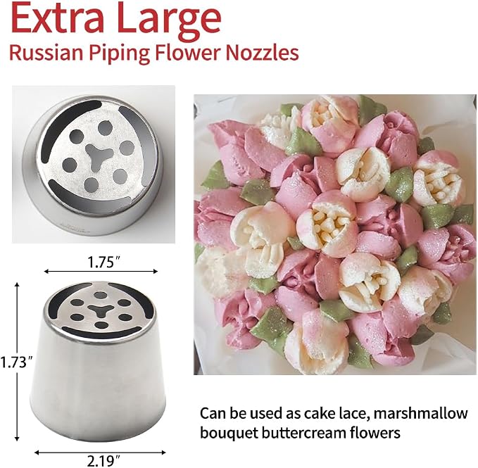 Extra Large Russian Piping Tips - Stainless Steel Flower Nozzles Set for Cake Decorating, Rose & Floral Icing Tips for Cupcakes, Cookies Professional Baking Tools (XXL, Style 4)