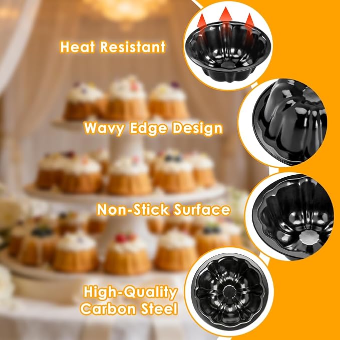 16Pcs 4 Inch Mini Fluted Cake Pan Nonstick Mini Fluted Tube Cake Pan, Carbon Steel Mini Flan Molds Pan with Oil&Dish Brushes, Reusable Oven Baking Mold for Cupcake, Bread Chocolate, Brownie
