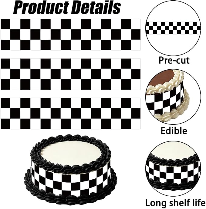 6Pcs Edible Cake Borders, 11x2.44in Black White Checkered Race Car Theme Birthday Cake Decorations Pre-Cut Rice Wrap Paper Strips Decor for Racing Theme Image Party
