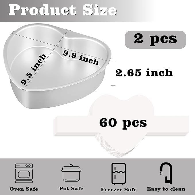 HUAKENER 9.5 Inch Heart Cake Pan, Set of 2 Heart Shaped Cake Pans with 60 Pieces Parchment Paper, Non-stick Cake Baking Pans for Kitchen Birthday Wedding