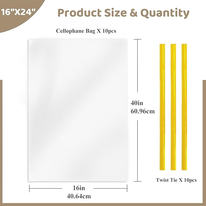 Clear Gift Bags 10 PCS 16x24 Inches Large Cellophane Wrap for Gift Baskets Wrapping Plastic with Ties for Gift Giving, Packaging Products