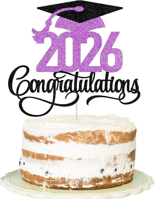 Glitter 2026 Congratulations Graduation Cake Topper,Congrats Grad Cake Decor - 2026 High School/College/Senior Graduation Party Decorations Supplie (2026Congratulations Dark purple)