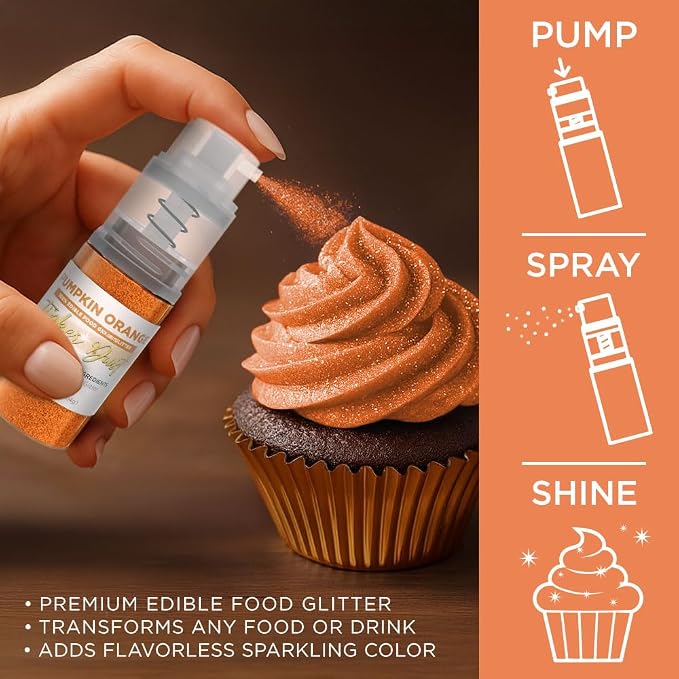 Bakell - Pumpkin Orange Tinker Dust (4g, 1x Mini Spray Pump) Edible Glitter for Food, Desserts, and Baked goods!
