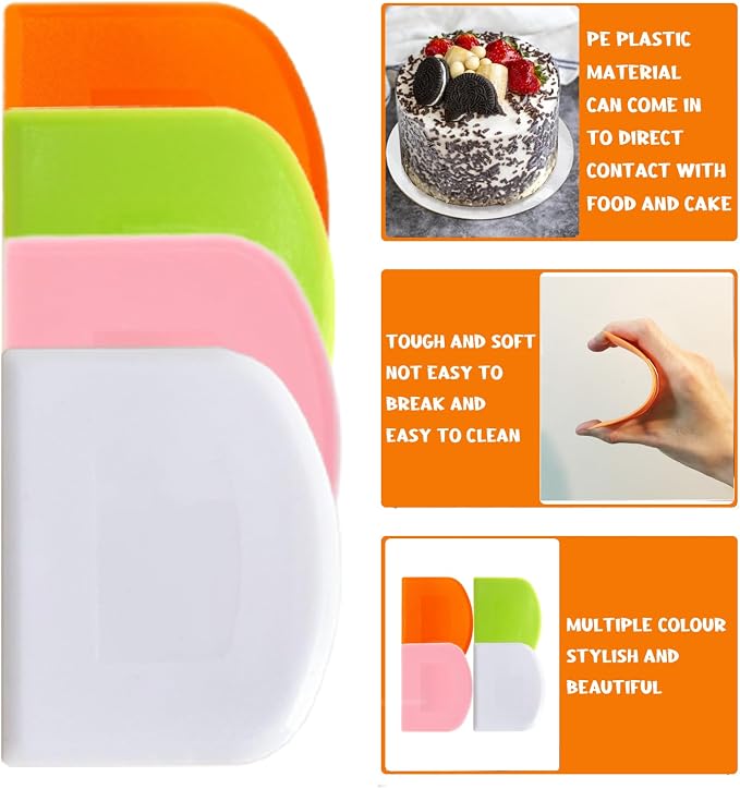 Dough Scraper Bench Scraper for Baking, 4 PCs BPA Free PE Plastic Flexible Bowl Scraper, Food-safe Plastic Dough Cutter for Bread Cake Dough Fondant Icing (White, Green, Orange, Pink)