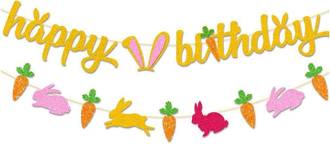 Zwiebeco Gold Happy Birthday Easter Banner Bunny Carrot Bunting Garland Hanging Paper Party Decoration Supplies for Spring Boys Girls Kids Baby Shower Bday Decor Accessories Supplies